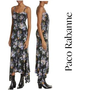NEW Paco Rabanne Asymmetrical Black Floral Maxi Dress Sz US2